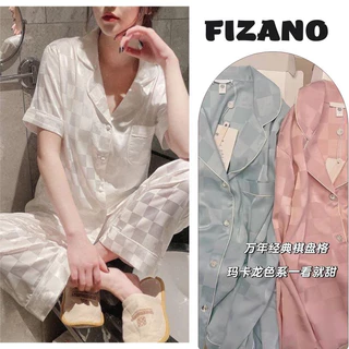 Bộ đồ nữ bộ ngủ lụa hoa văn in chìm caro lụa mềm mướt mát áo cộc quần dài mùa thu 2023 hàng Quảng Châu cao cấp Fizano