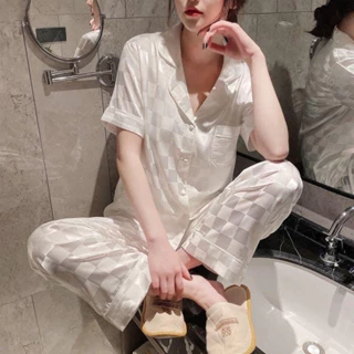 Bộ đồ nữ pyjama đồ mặc nhà lụa in chìm caro cao cấp hàng chuẩn Quảng Châu cao cấp HCOM255