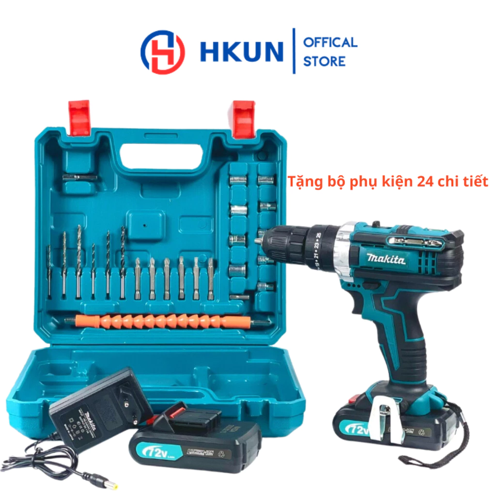 Máy khoan cầm tay pin Makita 72v, máy khoang pin 3 chức năng khoan tường, bắt vít, khoan sắt tặng phụ kiện 24 chi tiết