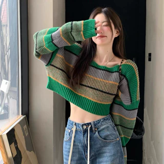 Áo len xanh kẻ croptop nữ tay dài kiểu cổ thuyền dáng ngắn len mongtoghi dệt kim mix đồ xinh toc jeans phong cách