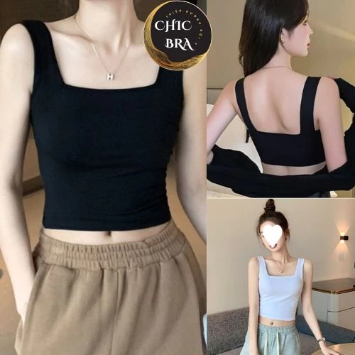 Áo Croptop Nữ, Aó Bra Nữ Hai Dây Quai Lớn Cổ Vuông Vạt Thẳng Chất Cotton Mềm Mịn Ôm Dáng Sexy B02