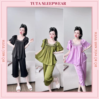 Bộ ngủ pijama lụa đồ mặc nhà bigsize quần lửng tay cánh tiên dễ thương BL201