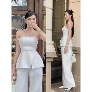 Áo peplum phối xốp viền bèo vạt đắp chéo nút to chanh sả