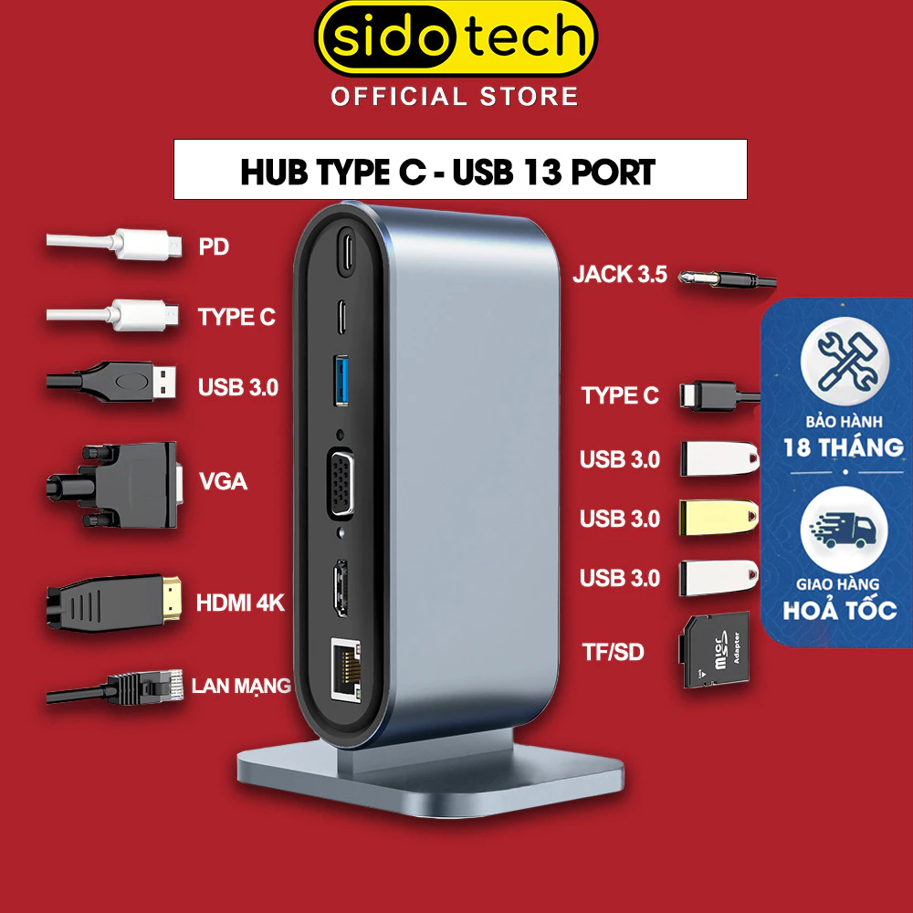 Hub Type C - USB 3.0 13 port SIDOTECH trạm hub chuyển đổi mở rộng kết nối máy tính laptop pc máy in HDMI VGA cáp mạng