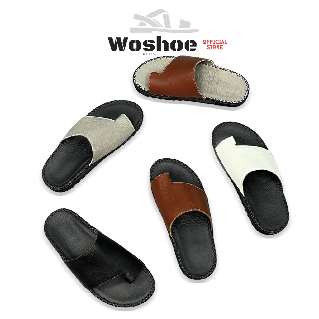 Dép Nam Quai Ngang Xỏ Ngón Da bò WOSHOE Đế Doctor Khâu Chỉ Toàn Bộ, Cao Su Đúc mũi tròn