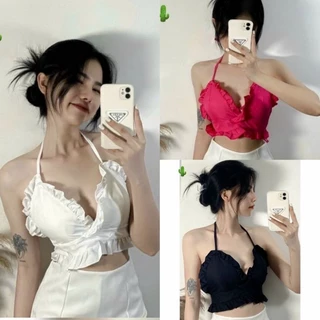 Áo Kiểu Form Croptop Ngắn Phối Bèo Cổ Yếm Cột Nơ