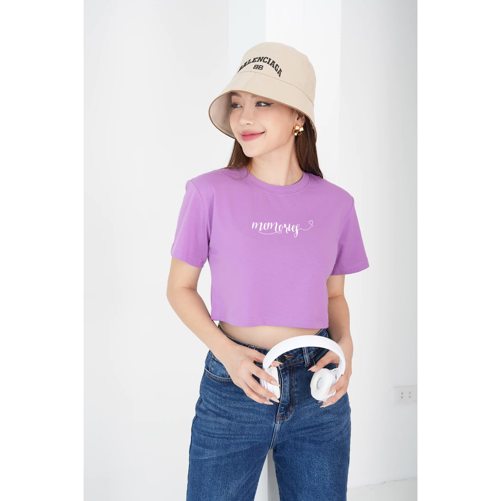 Áo croptop rộng in chữ memories - Áo croptop kiểu chất cotton Loza GT6575