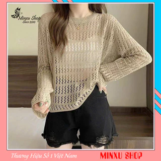 Áo lưới dài tay cổ tròn phong cách retro, áo sweater lưới hàn quốc cho nữ Minxu Shop PG37