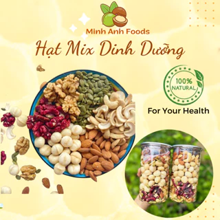 Hạt dinh dưỡng mix Minh Anh hũ 500gr, ngũ cốc bà bầu gồm macca, hạnh nhân, điều, bí xanh, óc chó vàng- đỏ.