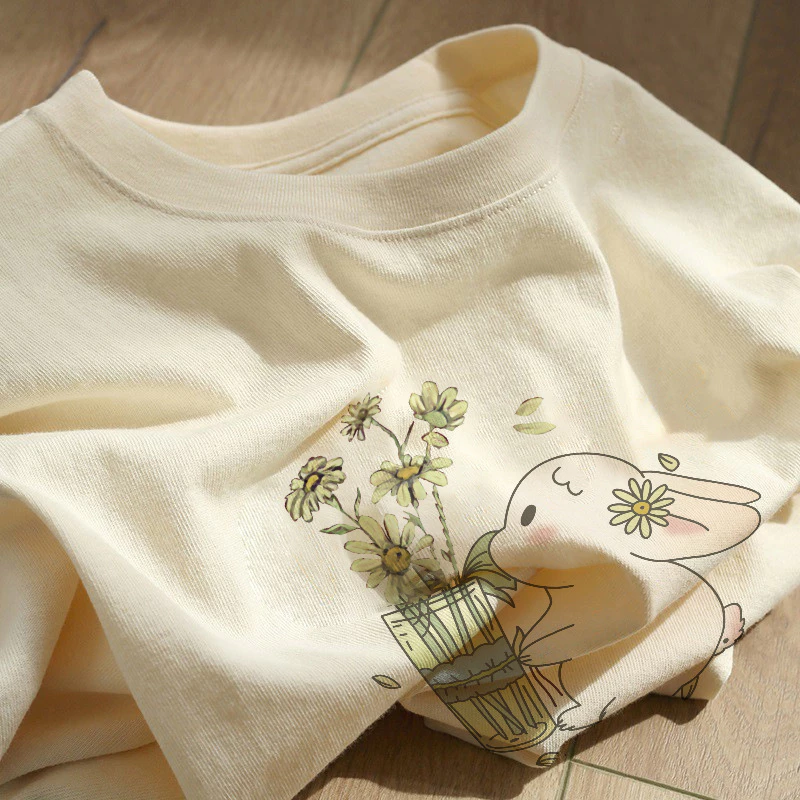 Áo Thun Cotton Nữ Cổ Tròn In Hình Thỏ, Áo Phông Ngắn Tay Nữ Thời Trang