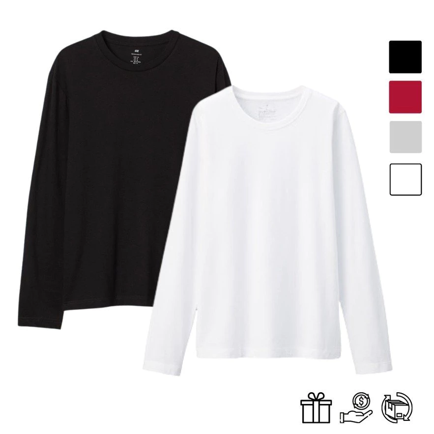 Áo Thun Dài Tay Trơn Basic Đen Trắng Xám Cổ Tròn Cho Nam Nữ Unisex Thời Trang Hàn Quốc