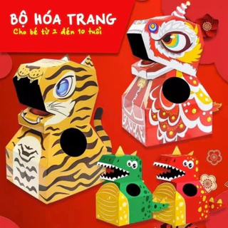 Bộ Hóa Trang Trung Thu Cho Bé, Đồ Chơi Thùng Carton Hóa Trang Đầu Kì Lân, Khủng Long, Hổ