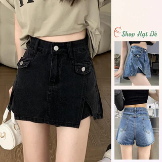 Quần giả váy jeans cạp cao dáng ôm chữ A H1, quần shorts jean vạt cắt Shop Hạt Dẻ