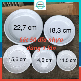 Túi 50 đĩa nhựa dùng 1 lần đủ size, đĩa nhựa ăn bánh sinh nhật, đĩa đựng xôi, bánh trôi Linhmart