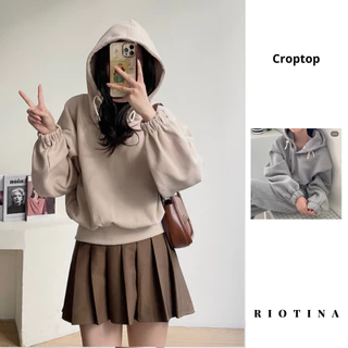 Áo hoodie croptop nữ nỉ hàn bo tay gấu RIOTINA dáng rộng tay bồng phong cách Hàn Quốc, áo thu đông nữ có mũ dây rút A005