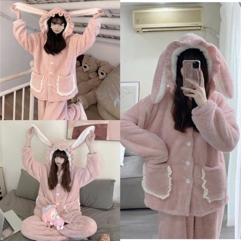 Bộ ngủ lông cừu tai thỏ khuy cài viền bèo hồng dễ thương , sét đồ bộ pyjama lông cute 2 mặt mượt mà ấm áp form rộng