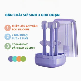 Dụng cụ rơ lưỡi cho trẻ sơ sinh, sét 3 bàn chải Silicone mềm mại từng giai đoạn cho bé ( CÓ HỘP ĐỰNG )