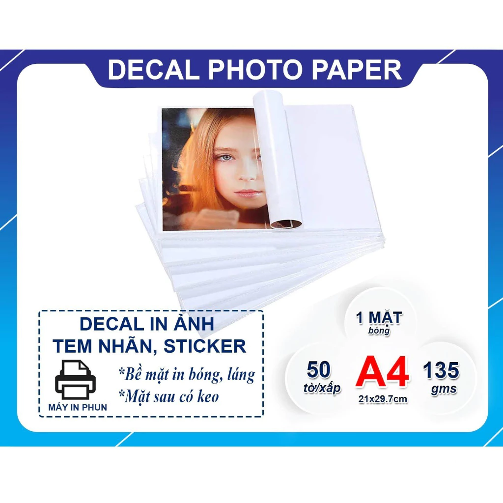 50 Tờ Decal Giấy Ảnh Photo Glossy 135GSM A4