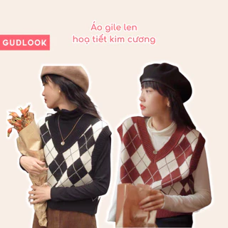 Áo Gile Len Nữ GUDLOOK Hoạ Tiết Caro Kim Cương Màu Đen Nâu Đỏ