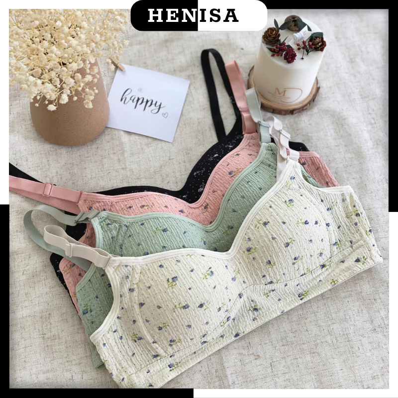 Áo Lót Bra Nữ Cotton Gân Tăm Cao Cấp HENISA Mỏng Nhẹ Ôm Form Họa Tiết Hoa Lá Siêu Cute AMN-76