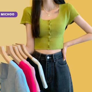 Áo Croptop Nữ Cộc Cài Cúc MICHOO Len Dệt Kim Chất Mềm 6 Màu