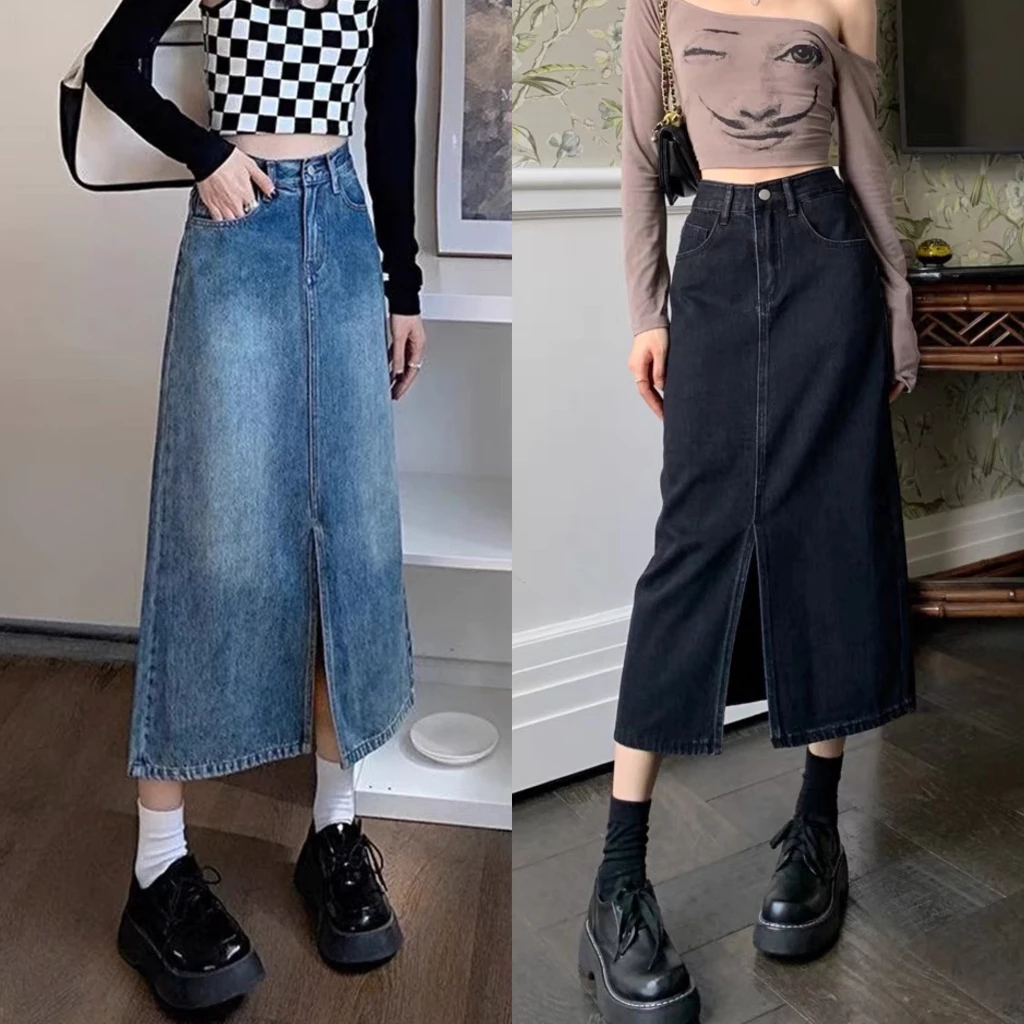 Chân Váy jean Dài Cạp Cao Màu Đen Tuyền Phom Chữ A Siêu Dài 80cm, Xẻ Trước BigSize 55-90kg 0030 0040