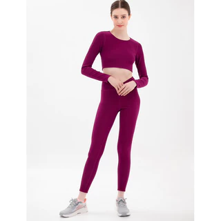 Đồ tập gym yoga - quần leggings áo tay dài hở lưng, chất thun tăm