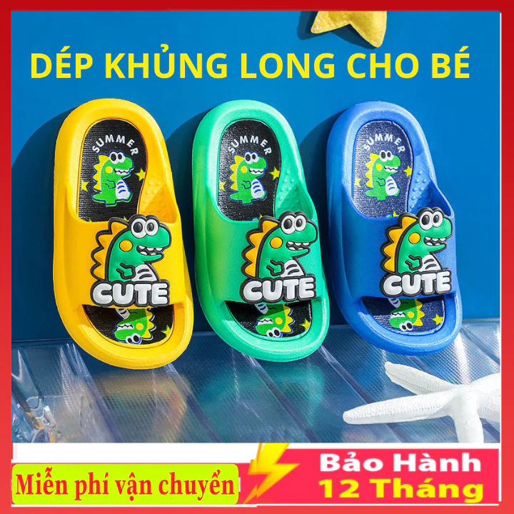 Dép Quai Ngang Cho Bé,Dép Khủng Long Xanh, Khủng Long Vàng  Siêu Cute trống trơn trượt cho bé trai bé gái - 017.07