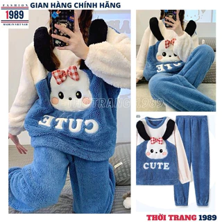 Bộ mặc nhà lông thỏ xanh gắn nơ đỏ kiểu dáng hàn quốc -bộ đồ ngủ lông cừu , pyjama siêu dầy ấm áp mùa đông