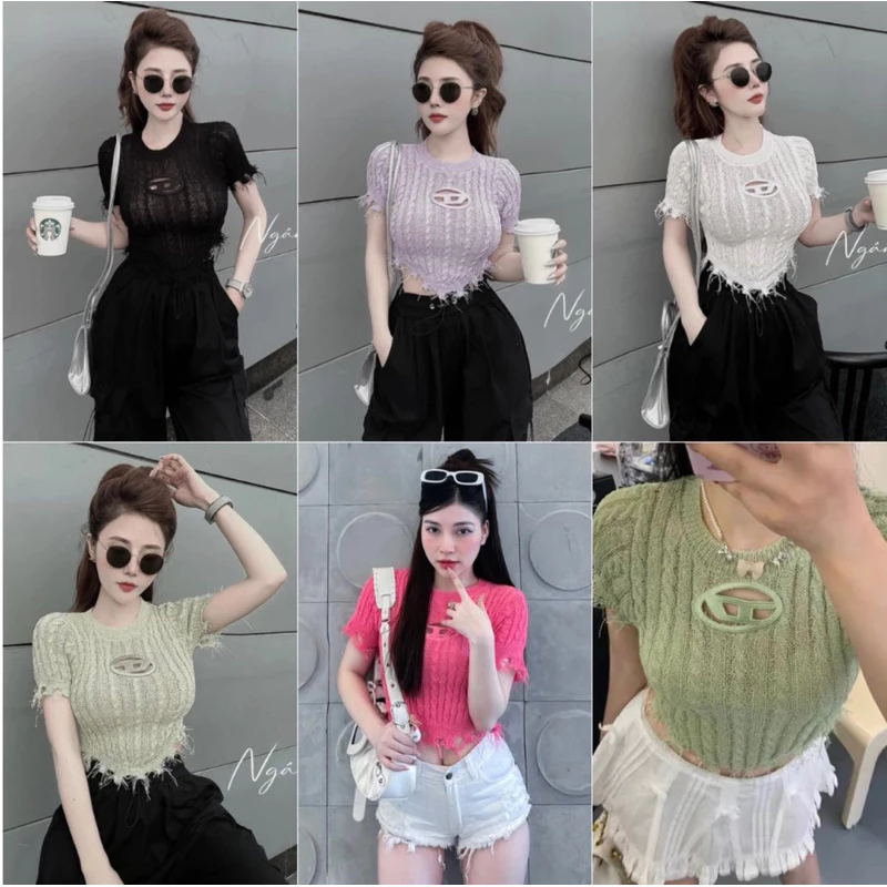 Áo Len Croptop Rách Tua Rua Tay Ngắn Ngực Chữ D