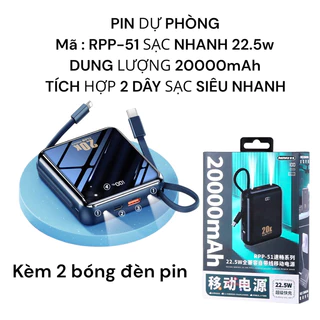 Sạc Dự Phòng REMAX RPP-51 Dung Lượng 20000mAh Sạc Nhanh 22.5W Tích Hợp 2 Dây Sạc Và Đèn Led