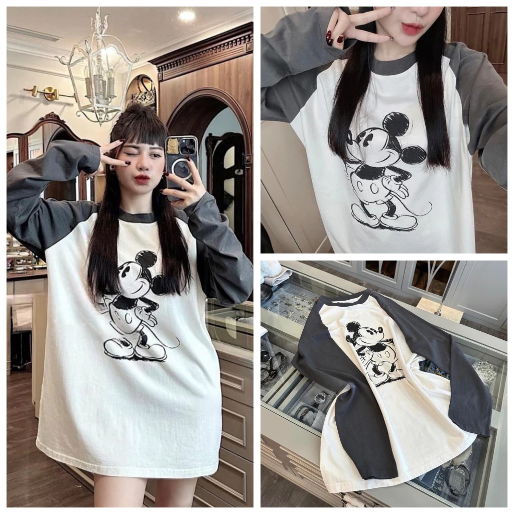 Áo Phông Áo Thun Nữ Dài Tay Dáng Thụng In 5D Cotton 40-70KG Bầu Bì 70kg Bon Chen Được mẫu AOMICKEYDTAYKAB. D293