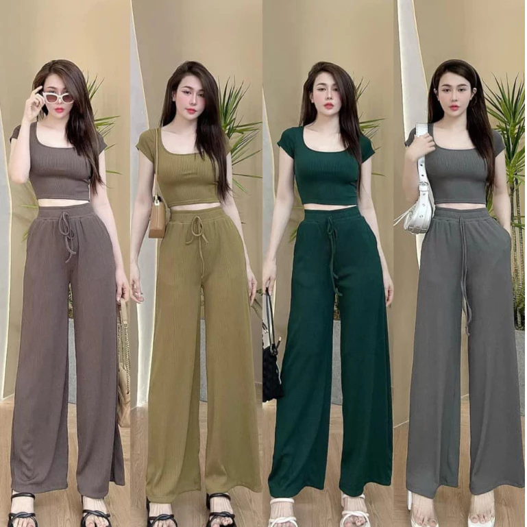 Đồ bộ nữ, set đồ bộ quần ống rộng đai cao có túi và áo croptop ôm ngắn tay cổ vuông vải thun gân tăm, bộ đồ mặc nhà