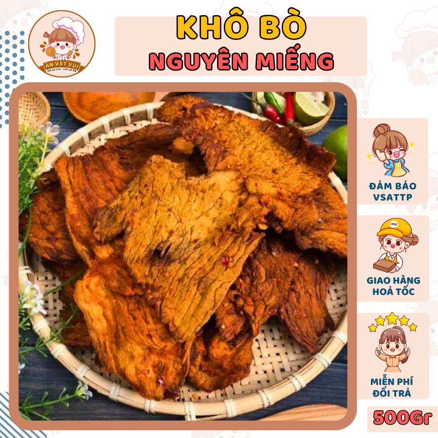 Khô bò nguyên miếng tẩm vị loại 1 500g Ăn Vặt Vui