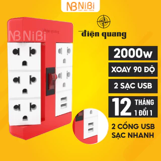 Ổ cắm điện xoay 90° Điện Quang 6 lỗ RT6, ổ cắm chia điện thông minh xoay 90 độ sạc điện thoại USB, Bảo hành 12 tháng