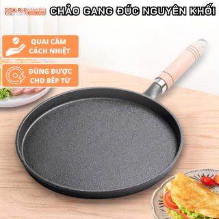 Chảo gang chống dính đúc nguyên khối quai cầm gỗ cách nhiệt đường kính 20cm chảo chiên rán đổ bánh xèo