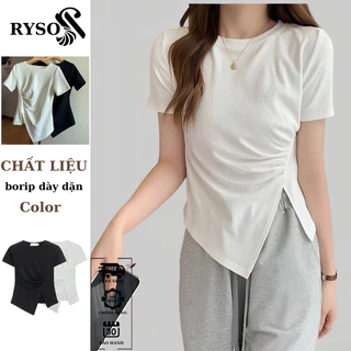 Áo Thun Nữ Tay Ngắn RYSO FASHION BaSic Kiểu Nhún Eo Vạt Lệch Xẻ Tà Chất Cotton Mềm Co Giãn Tôn Dáng