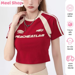 Áo croptop nữ phối viền in chữ Meei shop, Áo thun nữ phong cách cá tính năng động -A114-