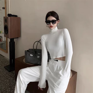 Áo croptop tay dài cổ lọ vải cotton mềm mịn, áo thun tay dài thu đông phong cách trẻ A219