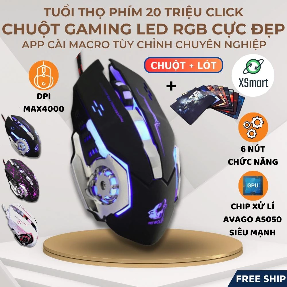 COMBO Chuột Gaming FREE WOLF V5 RGB và Lót chuột Led 7 Màu Cực Đẹp Chuyên Game, App Macro Đa Năng