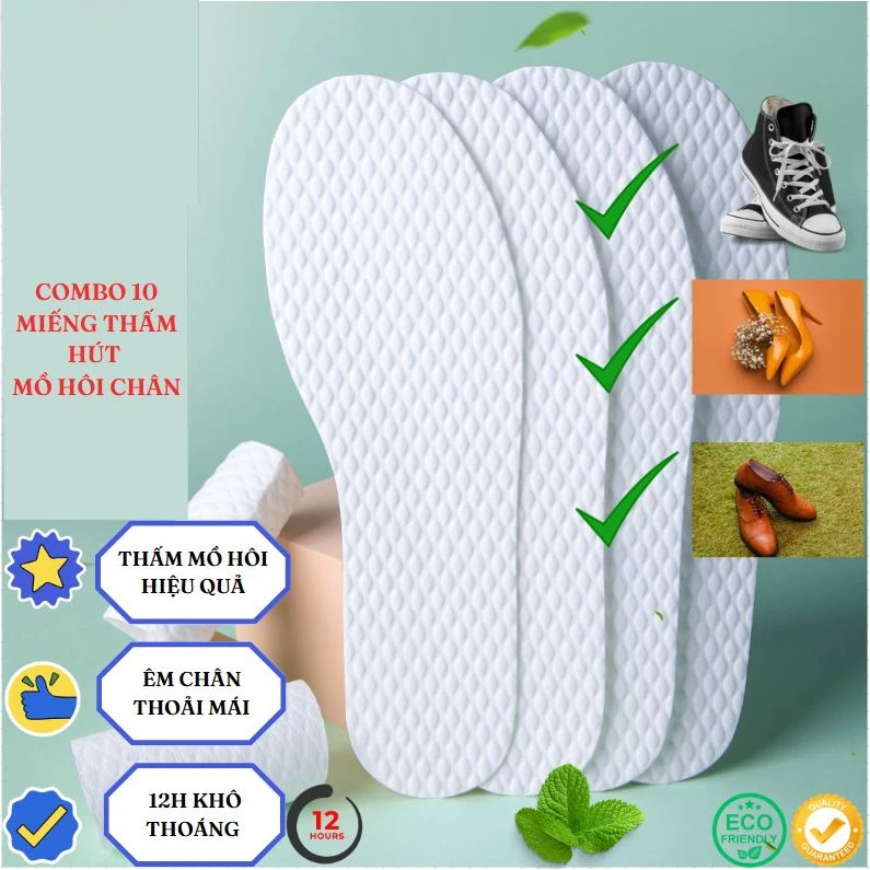 Set 10 đôi Miếng lót giầy Miếng thấm hút Mồ hôi chân, Siêu thấm, Siêu mỏng, Khô giày, Khử mùi Elle Belle