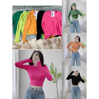 Áo croptop tay dài xỏ ngón cổ tròn tôn dáng nhiều màu