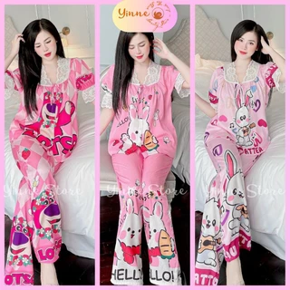 (40-65kg) Đồ bộ Pijama Cổ Ren Tay viền Bo Nhún Ren tiểu thư, nút đính đá TNQD, Bộ ngủ mặc nhà Lụa Xước Ánh Kim Thiết Kế