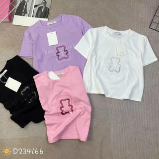 Áo thun croptop nữ tay ngắn cổ tròn thêu gấu cườm hàng Quảng Châu chất cotton, áo phông baby tee mùa hè 234166