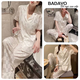 Bộ ngủ nữ pijama lụa cộc tay quần dài in chìm caro hàng quảng châu cao cấp BADAYO