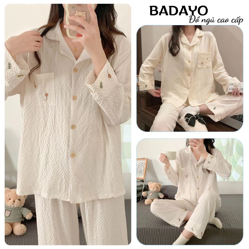 Đồ ngủ nữ pijama dài tay thêu họa tiết phong cách hàn hàng Quảng Châu cao cấp BADAYO