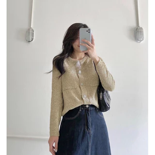 Áo Cardigan Len Dệt Dài Tay Cổ Tròn Khuy Kim Loại Túi Ngực Phong Cách Hàn Quốc Vintage