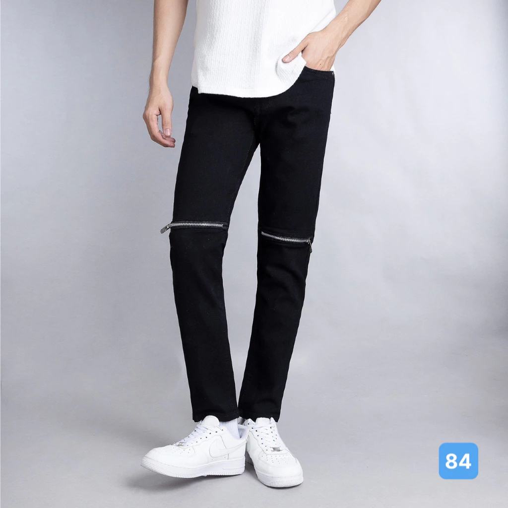 Quần jean nam màu đen trơn phối khoá gối OBOKFASHION ống suông phong cách hàn quốc co giãn cao cấp dễ phối đồ QDN84