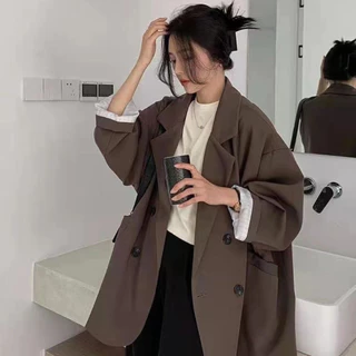 (Sẵn Be sz S)Áo khoác Blazer nữ dáng dài form rộng màu trơn vải 2 lớp dày dặn phong cách Hàn Quốc