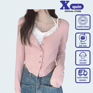 Áo croptop nữ tay dài cài nút phối áo ren 2 dây bên trong cực quyến rũ Xquin, Áo kiểu nữ cổ yếm vạt bầu cực tôn dáng